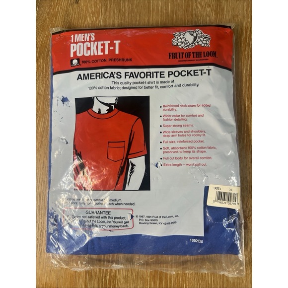 Vintage Fruit of the Loom 1991 Pocket T-Shirt Made in USA Mens‎ XL Blue NOS - Picture 3 of 4